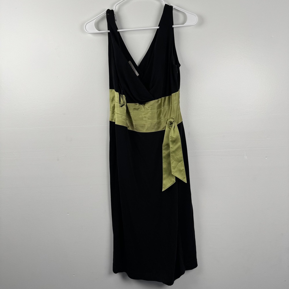 Kay Unger Dress Womens 10 Black Green Satin Waist Sleeveless A-Line Cocktail